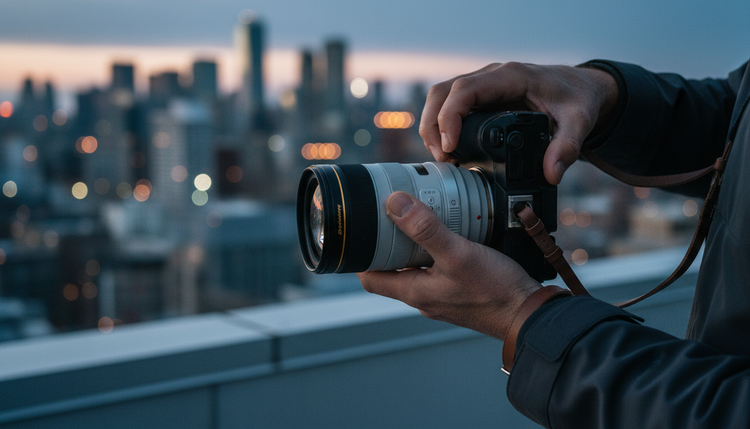 Hands framing a shot with a silver lens over a city skyline at dusk