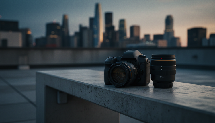 A camera and a spare lens resting on a rooftop ledge at dusk