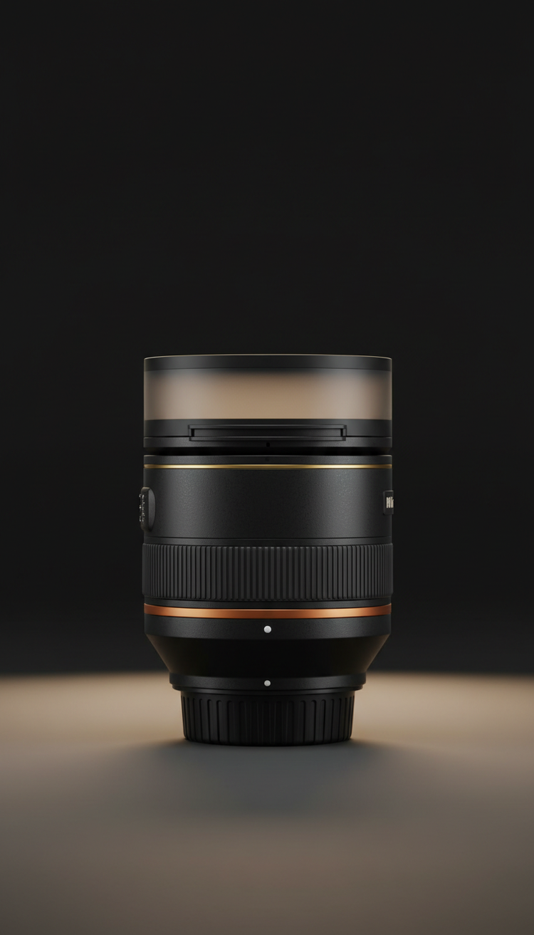 A prime lens lit from above on a dark studio floor