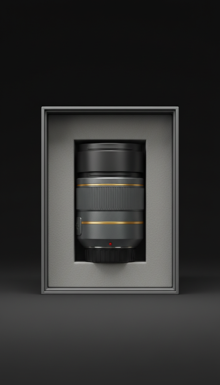 A lens presented in its open grey box