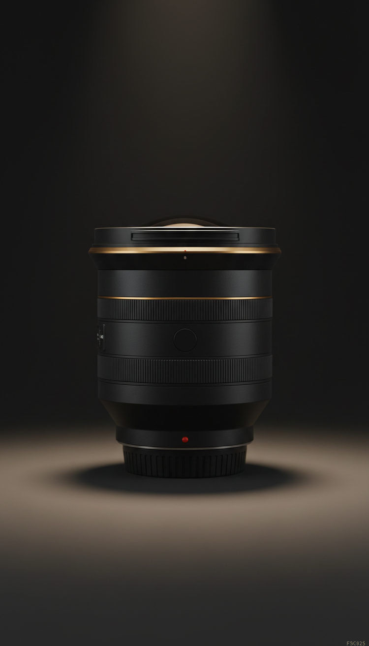 A lens under a single spotlight on a dark background