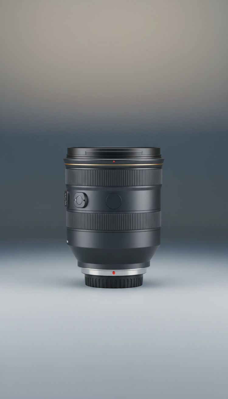 A zoom lens standing upright in soft studio light